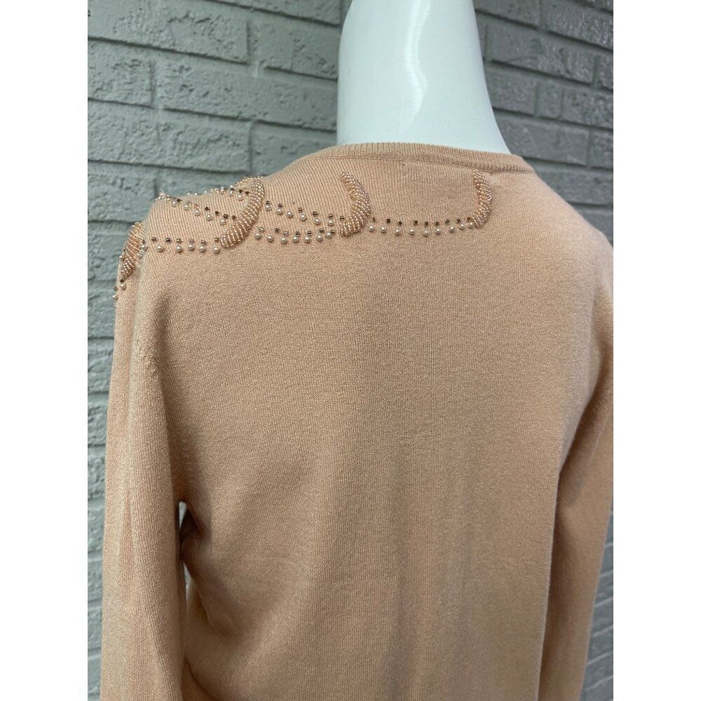 Anne Klein Women Nude Long Sleeve Faux Pearl Beaded Sweater Size PL - Picture 7 of 10